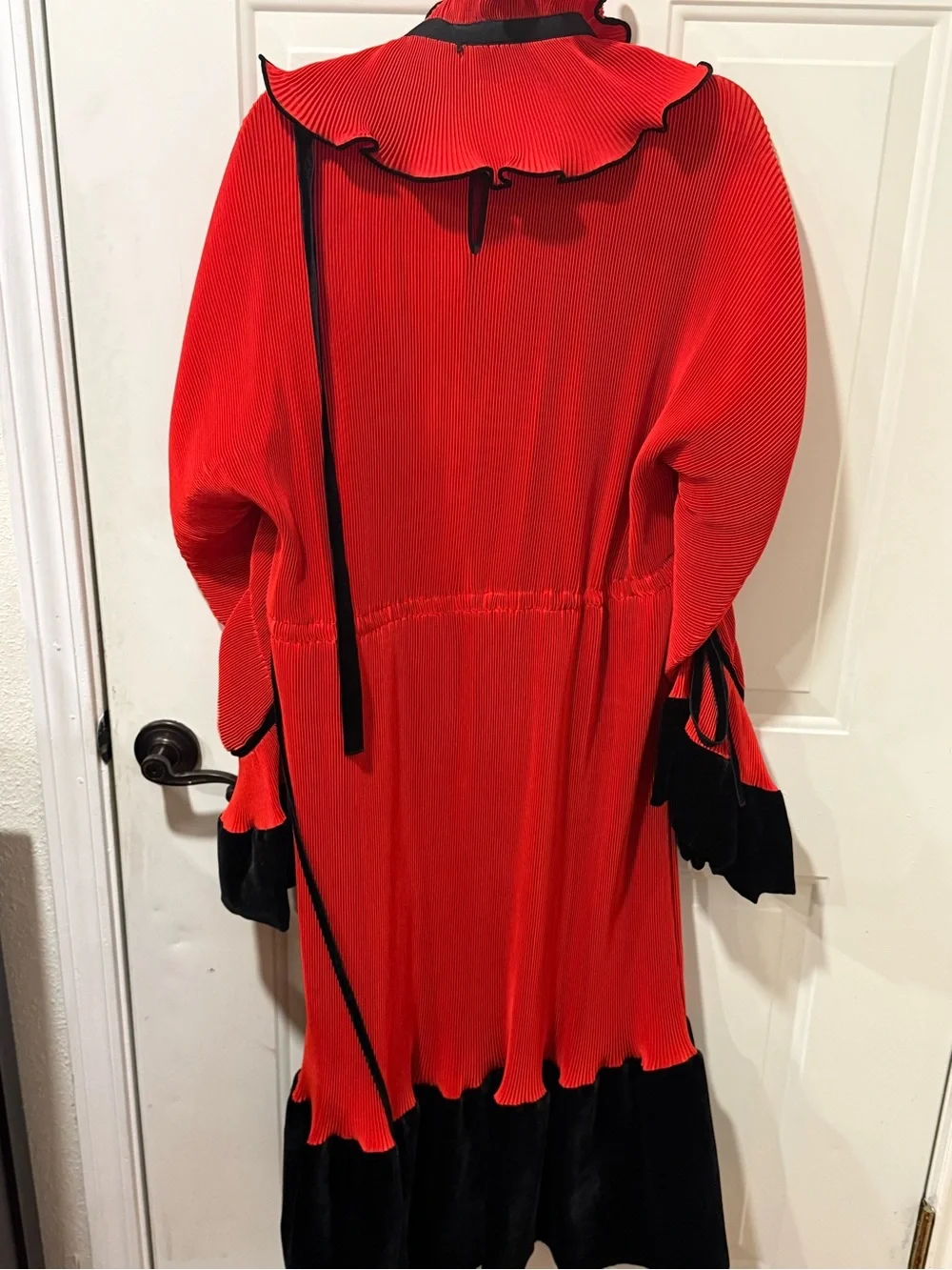 Tory Burch Red and Black Long Sleeve Pleated Ruffle Midi Dress